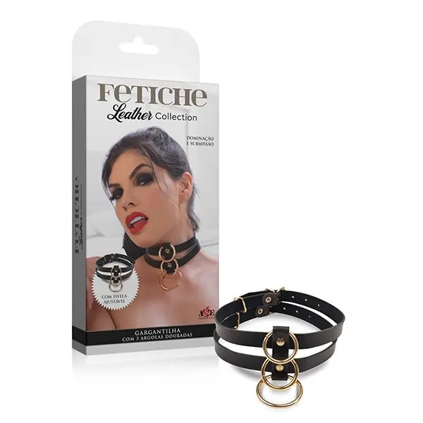 Gargantilha com 3 Argolhas Douradas Fetiche Leather Collection Gargantilha com 3 Argolhas Douradas Fetiche Leather Collection